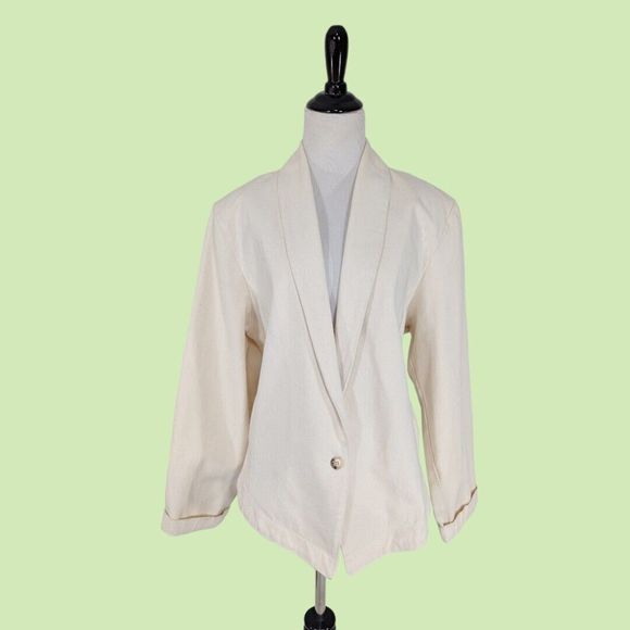 VTG ORVIS blazer L Women Cotton Denim Ivory Single‎ Button - Picture 1 of 8